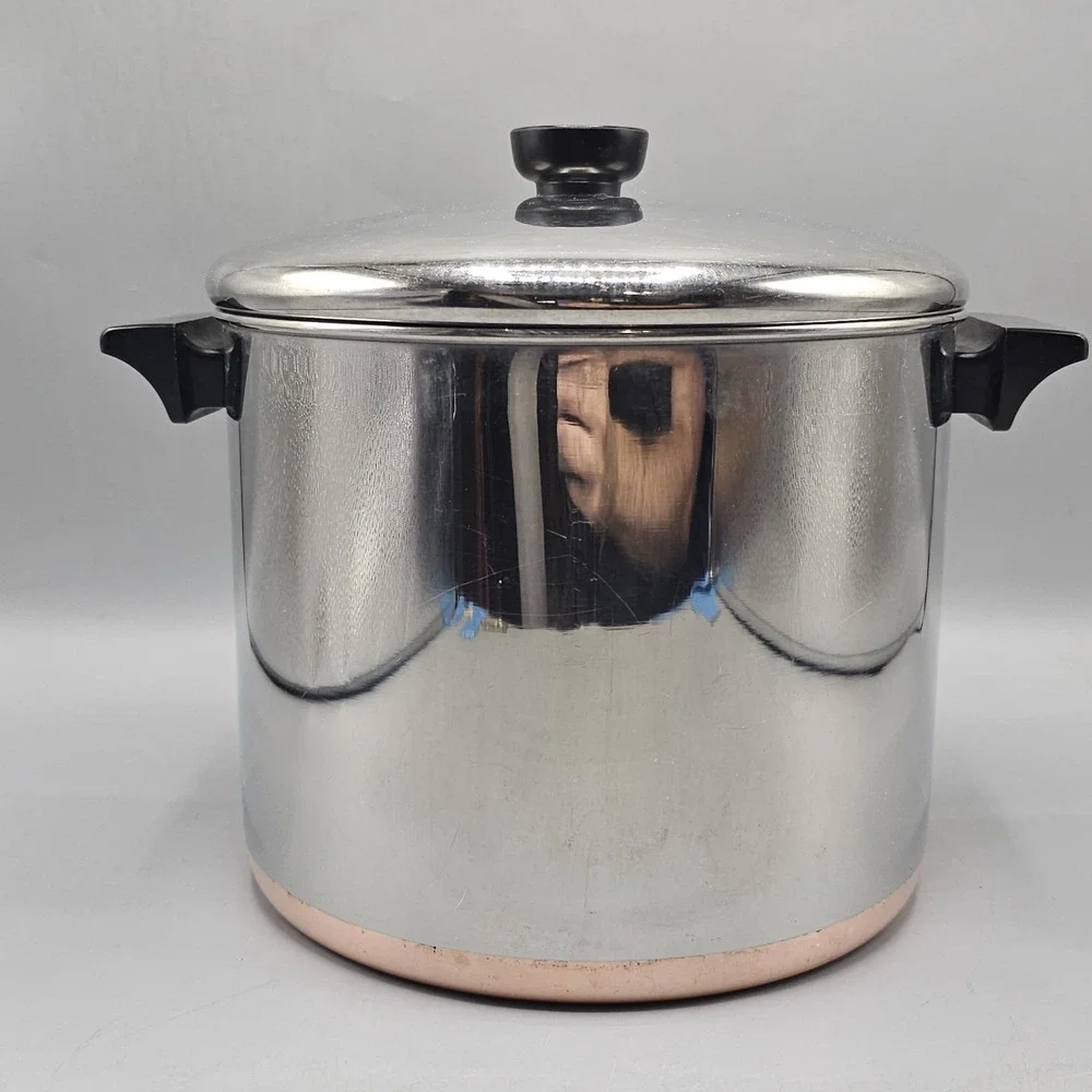 Vintage Revere Ware 1801 8 QT  Stock Pot W/ Lid Copper Bottom SS CLINTON IL USA